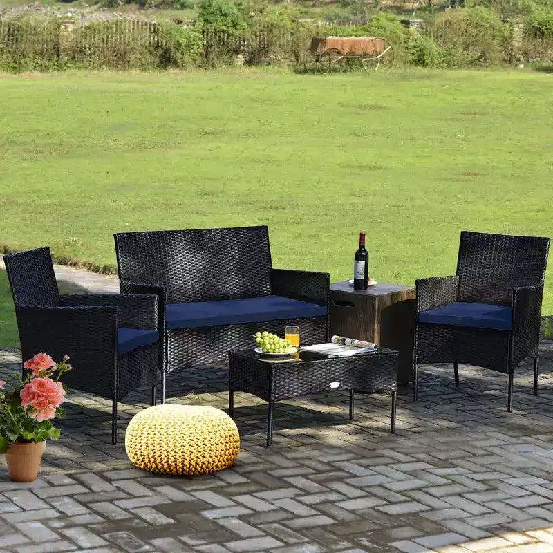 Costway Set Arredamento da Giardino 4 Pezzi con Divano in Rattan Cuscini e Tavolino da Caffè Turchese/Rosso/Bianco/Grigio/Blu scuro