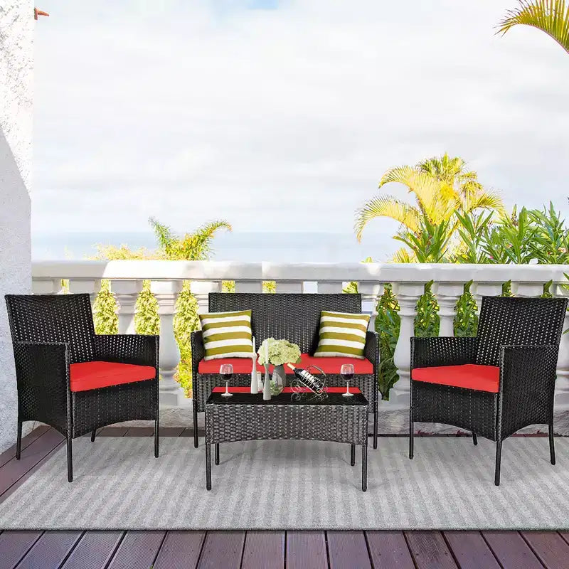 Costway Set Arredamento da Giardino 4 Pezzi con Divano in Rattan Cuscini e Tavolino da Caffè Turchese/Rosso/Bianco/Grigio/Blu scuro