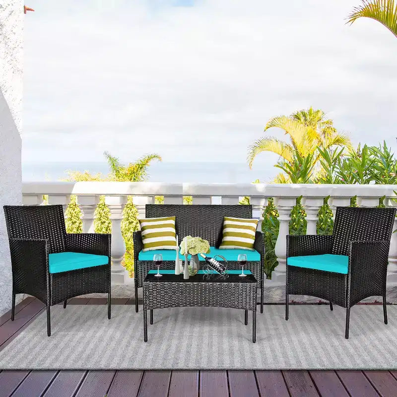 Costway Set Arredamento da Giardino 4 Pezzi con Divano in Rattan Cuscini e Tavolino da Caffè Turchese/Rosso/Bianco/Grigio/Blu scuro