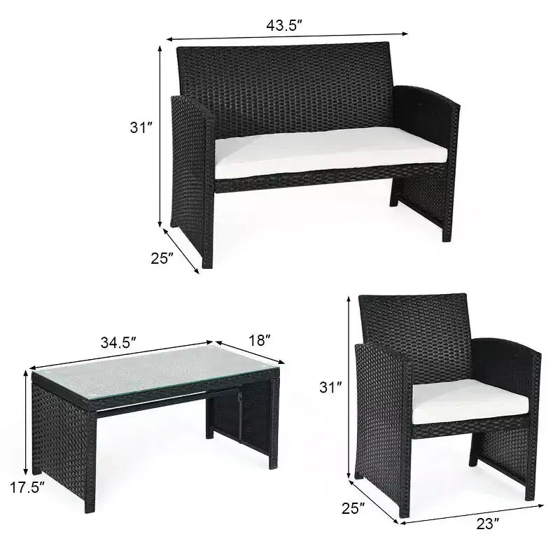 Set di mobili da conversazione per patio in rattan e vimini Costway 4 pezzi con divano imbottito e tavolo