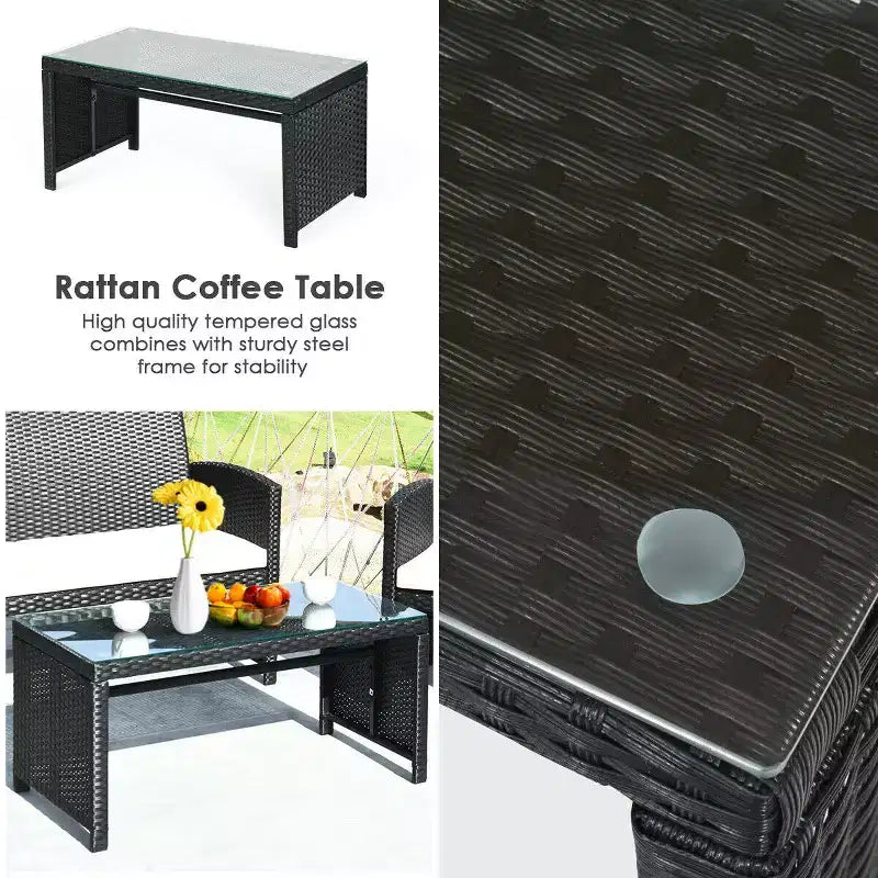 Set di mobili da conversazione per patio in rattan e vimini Costway 4 pezzi con divano imbottito e tavolo