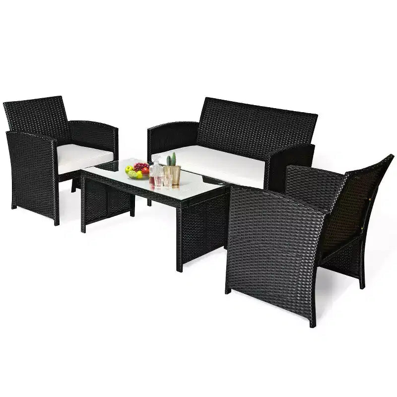 Set di mobili da conversazione per patio in rattan e vimini Costway 4 pezzi con divano imbottito e tavolo