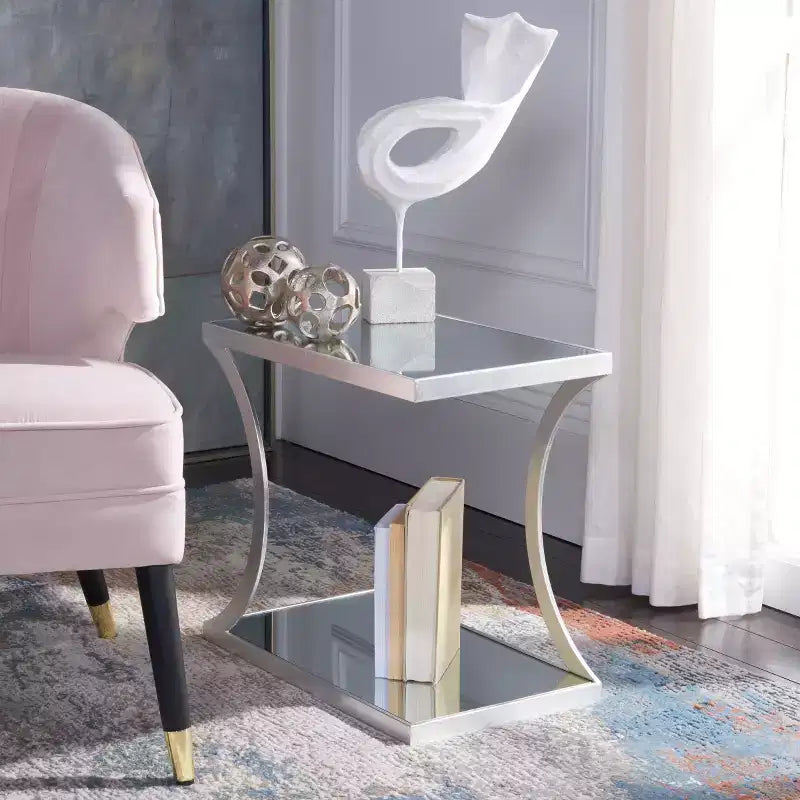Tavolino d'appoggio rettangolare con ripiano in oro/bianco e argento/specchio, a 2 livelli, per 1 persona