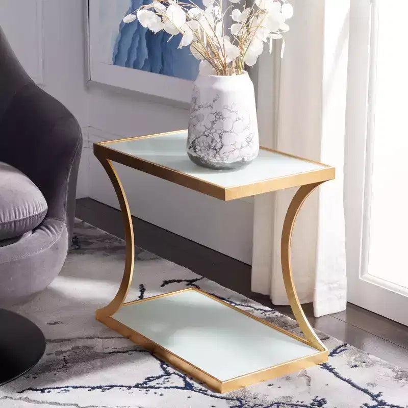 Tavolino d'appoggio rettangolare con ripiano in oro/bianco e argento/specchio, a 2 livelli, per 1 persona
