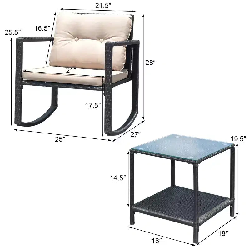 Costway Set 3 Pezzi da Giardino in Rattan per Esterni con Dondolo, Divano con Cuscini e Tavolino