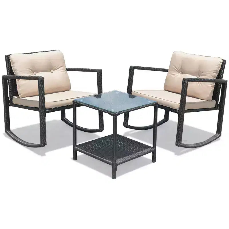 Costway Set 3 Pezzi da Giardino in Rattan per Esterni con Dondolo, Divano con Cuscini e Tavolino