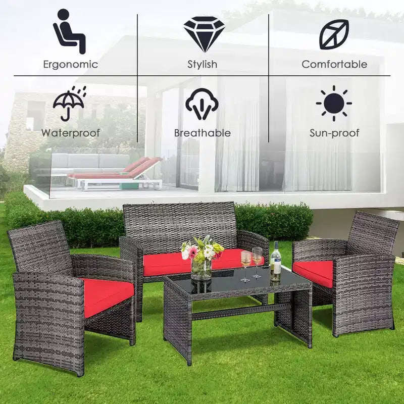 Costway Set Divani da Esterno 4 Pezzi in Rattan Tavolino Vetro con Cuscini Turchese/Rosso/Grigio/Beige/Blu Scuro/Nero