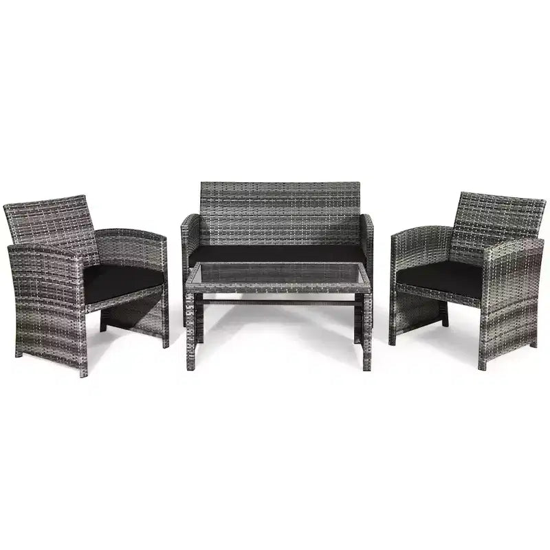 Costway Set Divani da Esterno 4 Pezzi in Rattan Tavolino Vetro con Cuscini Turchese/Rosso/Grigio/Beige/Blu Scuro/Nero