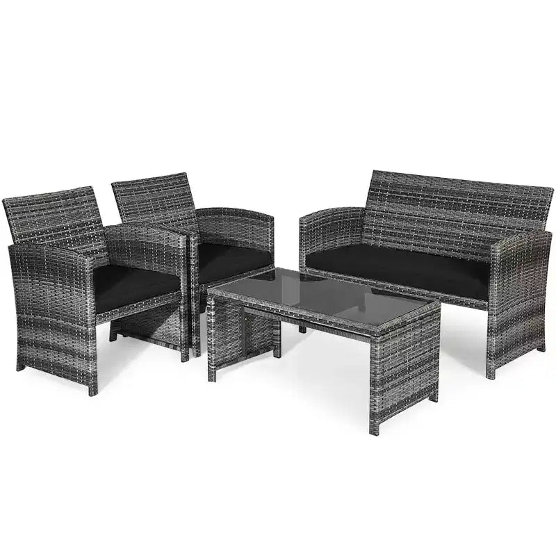 Costway Set Divani da Esterno 4 Pezzi in Rattan Tavolino Vetro con Cuscini Turchese/Rosso/Grigio/Beige/Blu Scuro/Nero