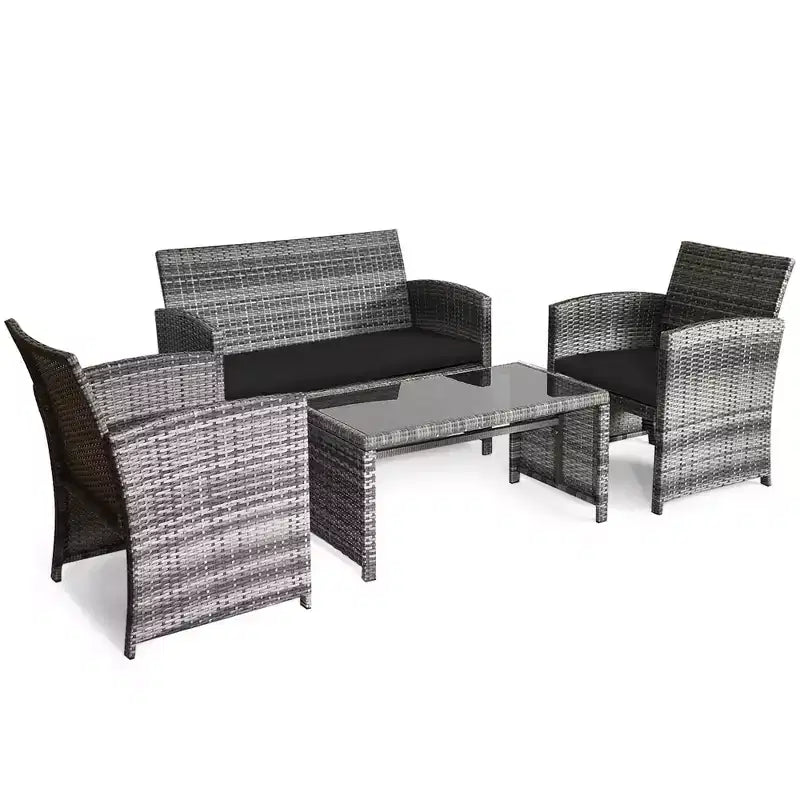 Costway Set Divani da Esterno 4 Pezzi in Rattan Tavolino Vetro con Cuscini Turchese/Rosso/Grigio/Beige/Blu Scuro/Nero