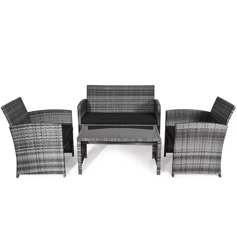 Costway Set Divani da Esterno 4 Pezzi in Rattan Tavolino Vetro con Cuscini Turchese/Rosso/Grigio/Beige/Blu Scuro/Nero