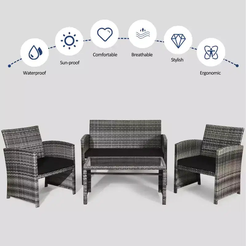 Costway Set Divani da Esterno 4 Pezzi in Rattan Tavolino Vetro con Cuscini Turchese/Rosso/Grigio/Beige/Blu Scuro/Nero