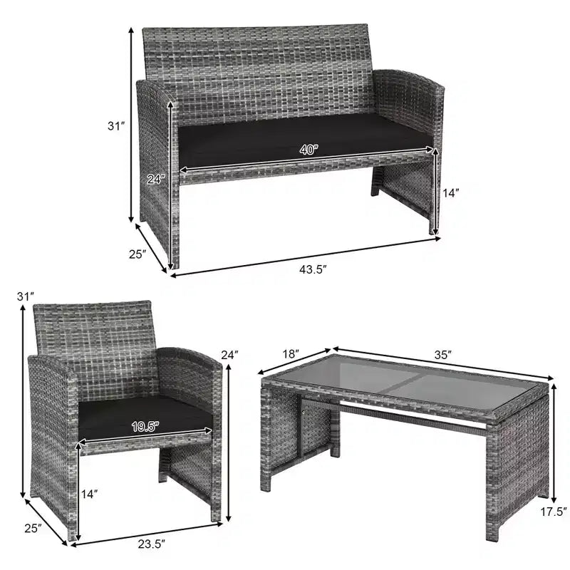 Costway Set Divani da Esterno 4 Pezzi in Rattan Tavolino Vetro con Cuscini Turchese/Rosso/Grigio/Beige/Blu Scuro/Nero