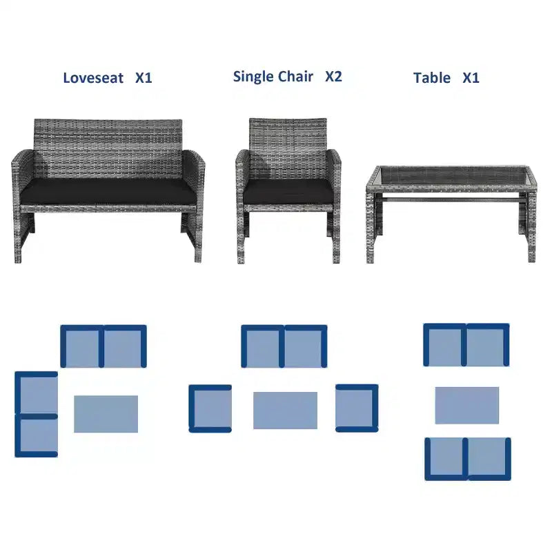 Costway Set Divani da Esterno 4 Pezzi in Rattan Tavolino Vetro con Cuscini Turchese/Rosso/Grigio/Beige/Blu Scuro/Nero