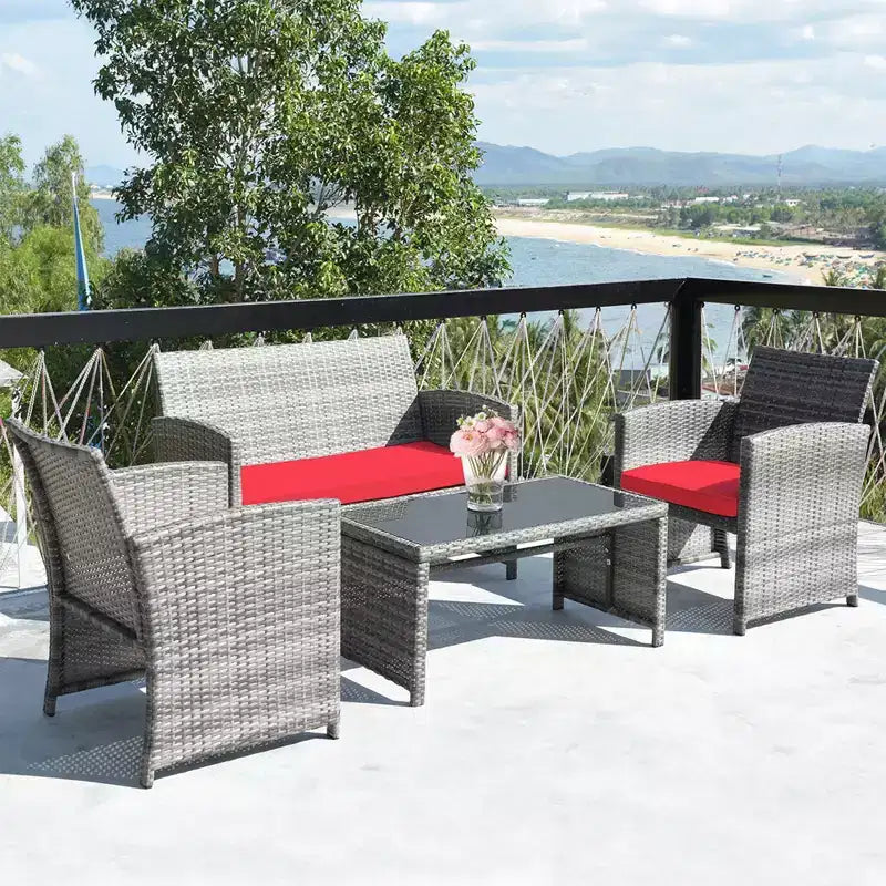 Costway Set Divani da Esterno 4 Pezzi in Rattan Tavolino Vetro con Cuscini Turchese/Rosso/Grigio/Beige/Blu Scuro/Nero