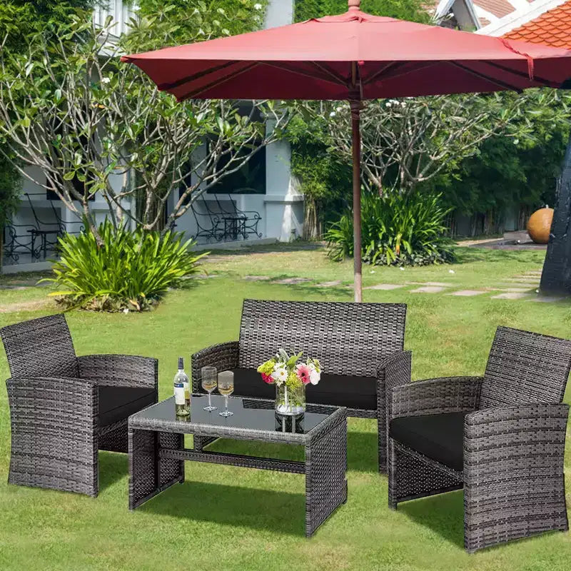 Costway Set Divani da Esterno 4 Pezzi in Rattan Tavolino Vetro con Cuscini Turchese/Rosso/Grigio/Beige/Blu Scuro/Nero