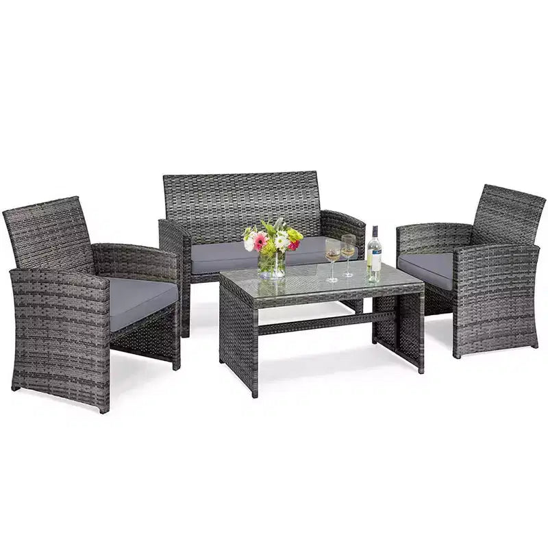Costway Set Divani da Esterno 4 Pezzi in Rattan Tavolino Vetro con Cuscini Turchese/Rosso/Grigio/Beige/Blu Scuro/Nero