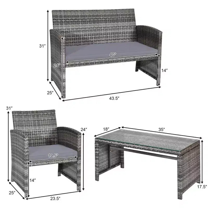 Costway Set Divani da Esterno 4 Pezzi in Rattan Tavolino Vetro con Cuscini Turchese/Rosso/Grigio/Beige/Blu Scuro/Nero