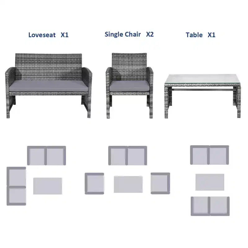 Costway Set Divani da Esterno 4 Pezzi in Rattan Tavolino Vetro con Cuscini Turchese/Rosso/Grigio/Beige/Blu Scuro/Nero