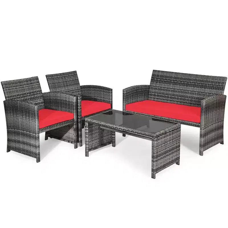 Costway Set Divani da Esterno 4 Pezzi in Rattan Tavolino Vetro con Cuscini Turchese/Rosso/Grigio/Beige/Blu Scuro/Nero