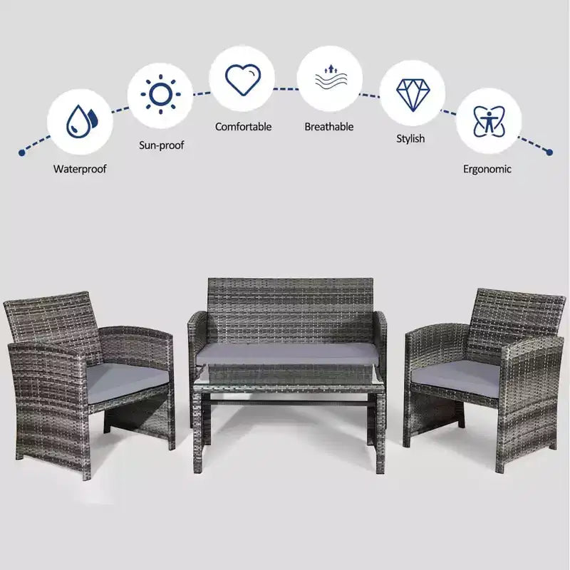 Costway Set Divani da Esterno 4 Pezzi in Rattan Tavolino Vetro con Cuscini Turchese/Rosso/Grigio/Beige/Blu Scuro/Nero