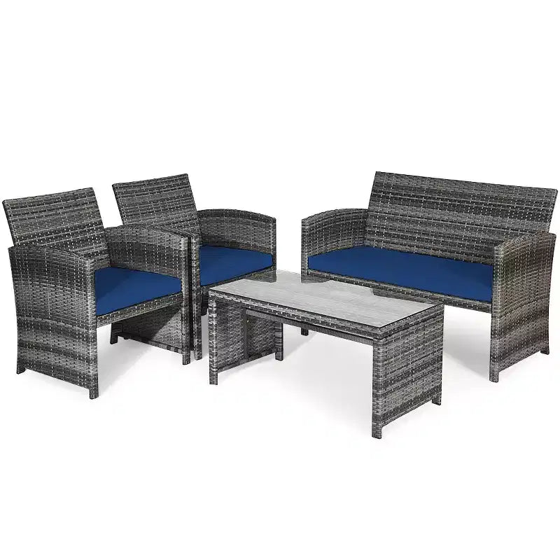 Costway Set Divani da Esterno 4 Pezzi in Rattan Tavolino Vetro con Cuscini Turchese/Rosso/Grigio/Beige/Blu Scuro/Nero