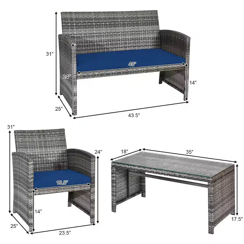 Costway Set Divani da Esterno 4 Pezzi in Rattan Tavolino Vetro con Cuscini Turchese/Rosso/Grigio/Beige/Blu Scuro/Nero