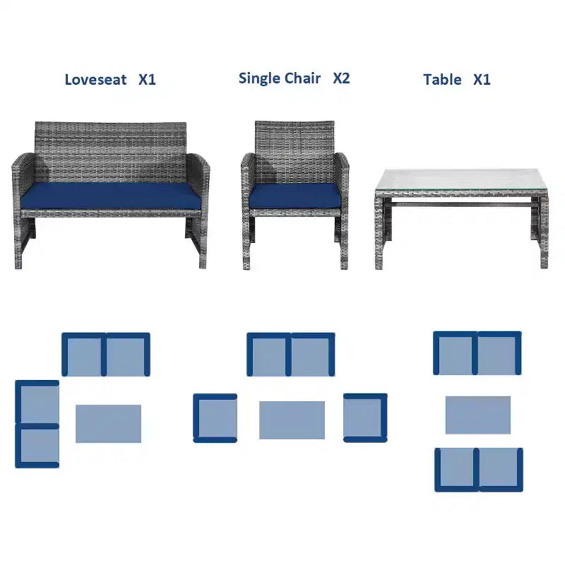 Costway Set Divani da Esterno 4 Pezzi in Rattan Tavolino Vetro con Cuscini Turchese/Rosso/Grigio/Beige/Blu Scuro/Nero
