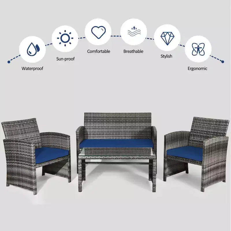 Costway Set Divani da Esterno 4 Pezzi in Rattan Tavolino Vetro con Cuscini Turchese/Rosso/Grigio/Beige/Blu Scuro/Nero