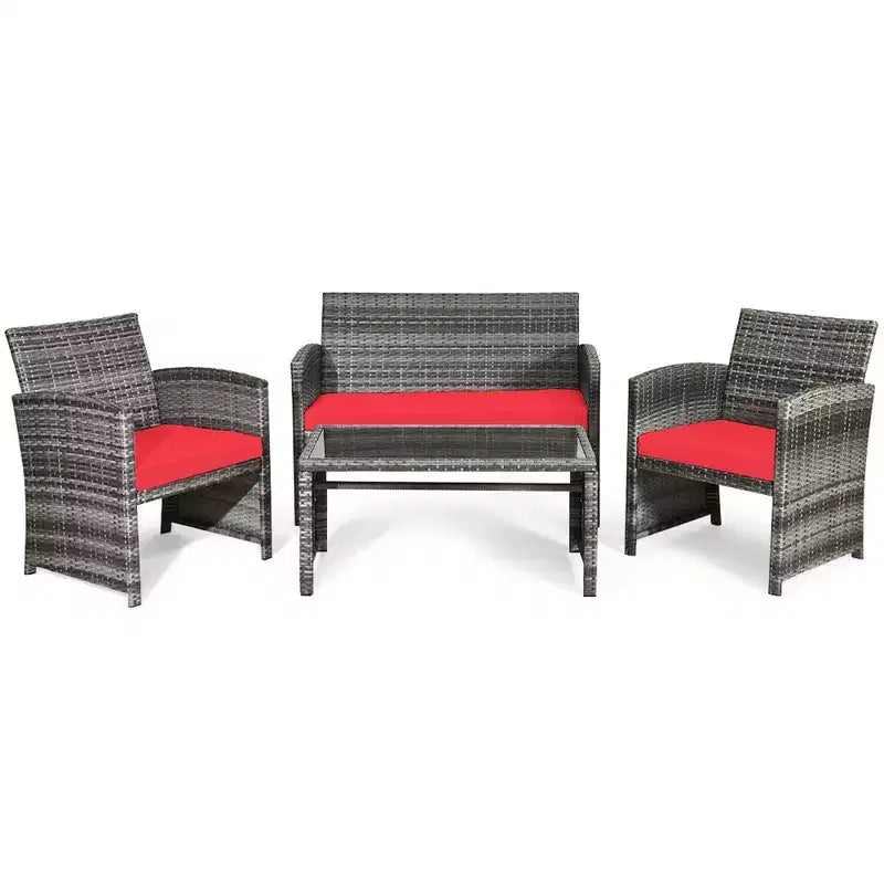 Costway Set Divani da Esterno 4 Pezzi in Rattan Tavolino Vetro con Cuscini Turchese/Rosso/Grigio/Beige/Blu Scuro/Nero