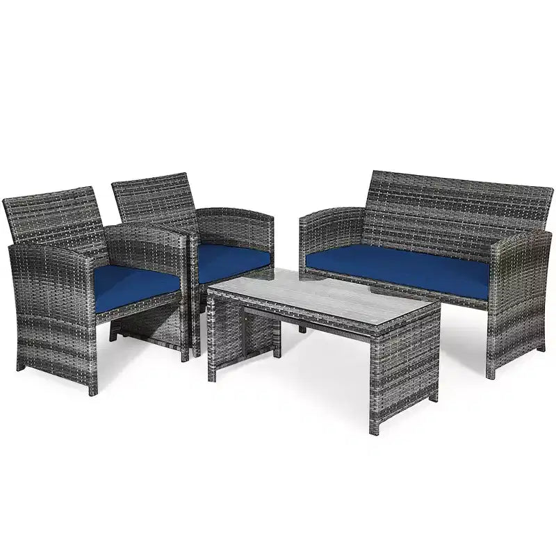 Costway Set Divani da Esterno 4 Pezzi in Rattan Tavolino Vetro con Cuscini Turchese/Rosso/Grigio/Beige/Blu Scuro/Nero