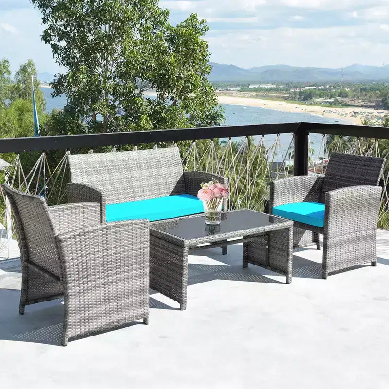 Costway Set Divani da Esterno 4 Pezzi in Rattan Tavolino Vetro con Cuscini Turchese/Rosso/Grigio/Beige/Blu Scuro/Nero