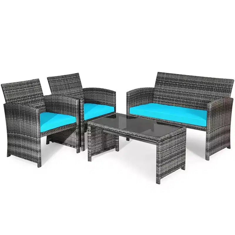 Costway Set Divani da Esterno 4 Pezzi in Rattan Tavolino Vetro con Cuscini Turchese/Rosso/Grigio/Beige/Blu Scuro/Nero