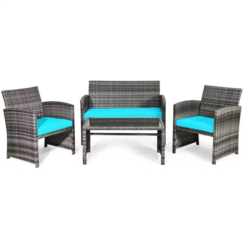 Costway Set Divani da Esterno 4 Pezzi in Rattan Tavolino Vetro con Cuscini Turchese/Rosso/Grigio/Beige/Blu Scuro/Nero