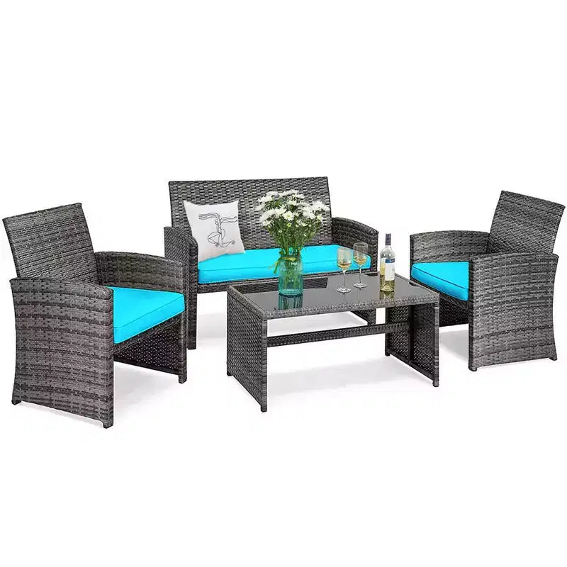 Costway Set Divani da Esterno 4 Pezzi in Rattan Tavolino Vetro con Cuscini Turchese/Rosso/Grigio/Beige/Blu Scuro/Nero