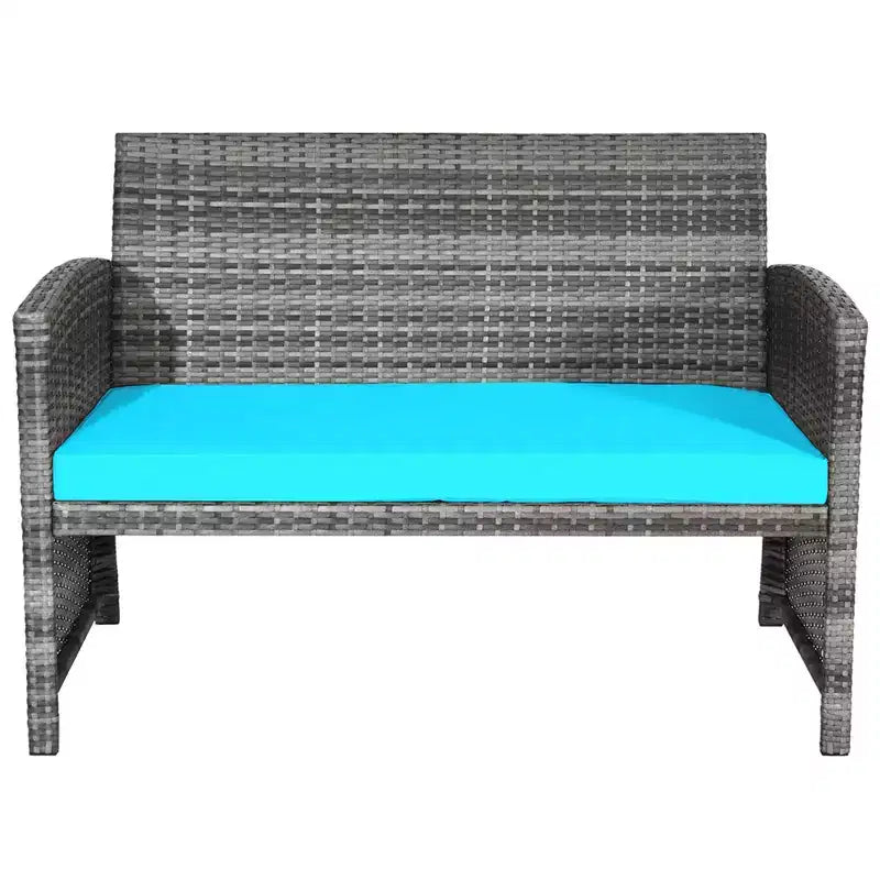 Costway Set Divani da Esterno 4 Pezzi in Rattan Tavolino Vetro con Cuscini Turchese/Rosso/Grigio/Beige/Blu Scuro/Nero