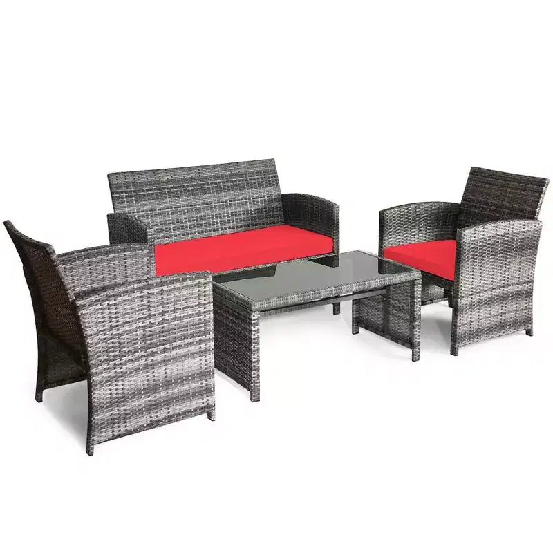 Costway Set Divani da Esterno 4 Pezzi in Rattan Tavolino Vetro con Cuscini Turchese/Rosso/Grigio/Beige/Blu Scuro/Nero