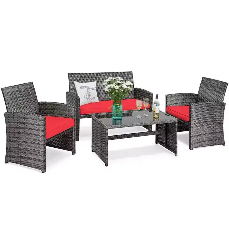 Costway Set Divani da Esterno 4 Pezzi in Rattan Tavolino Vetro con Cuscini Turchese/Rosso/Grigio/Beige/Blu Scuro/Nero