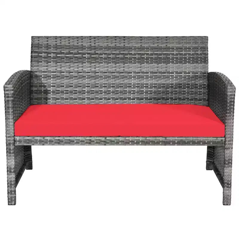 Costway Set Divani da Esterno 4 Pezzi in Rattan Tavolino Vetro con Cuscini Turchese/Rosso/Grigio/Beige/Blu Scuro/Nero