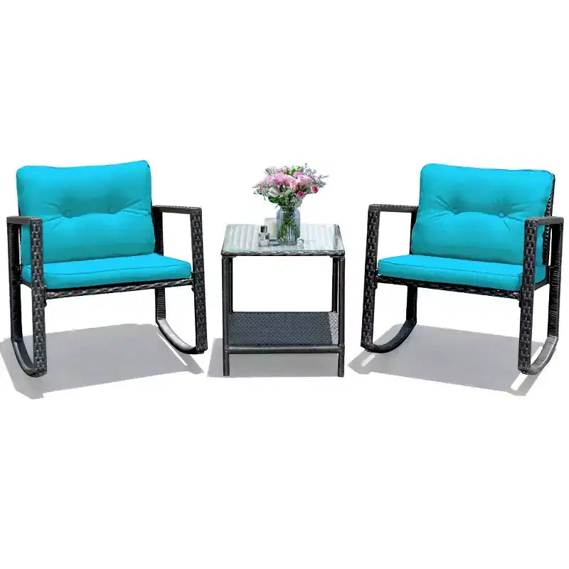 Set di mobili da giardino Costway 3 pezzi in rattan, poltrone a dondolo con cuscini