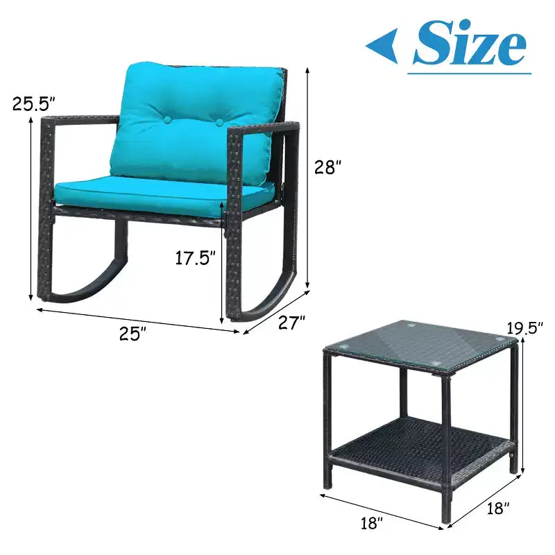 Set di mobili da giardino Costway 3 pezzi in rattan, poltrone a dondolo con cuscini