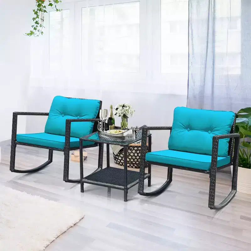 Set di mobili da giardino Costway 3 pezzi in rattan, poltrone a dondolo con cuscini