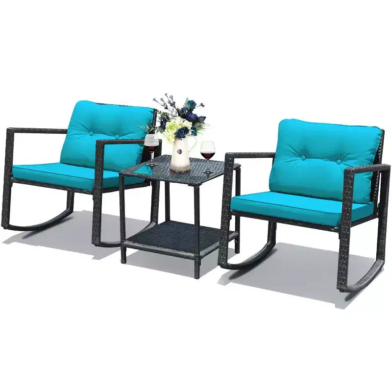 Set di mobili da giardino Costway 3 pezzi in rattan, poltrone a dondolo con cuscini