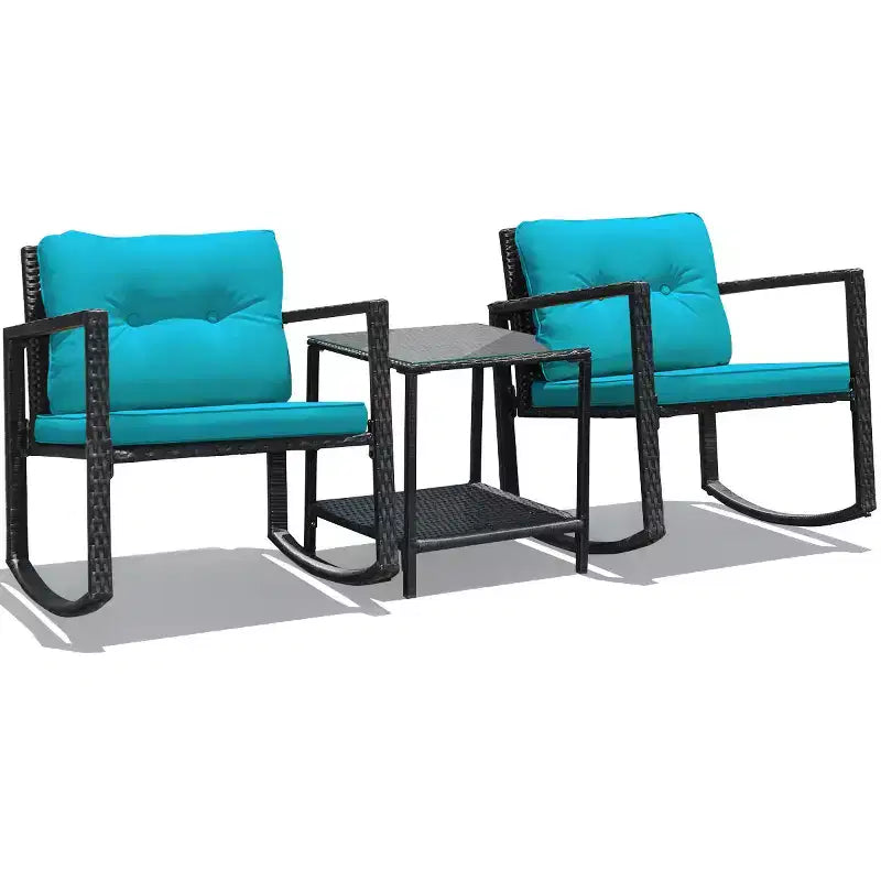 Set di mobili da giardino Costway 3 pezzi in rattan, poltrone a dondolo con cuscini