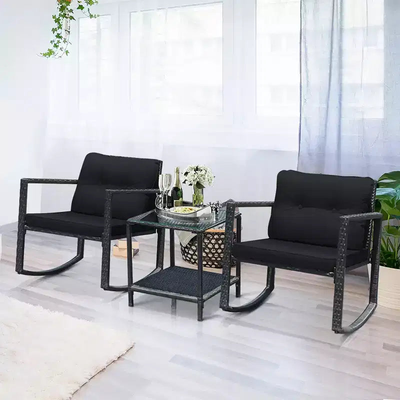 Set di mobili da giardino Costway 3 pezzi in rattan, poltrone a dondolo con cuscini