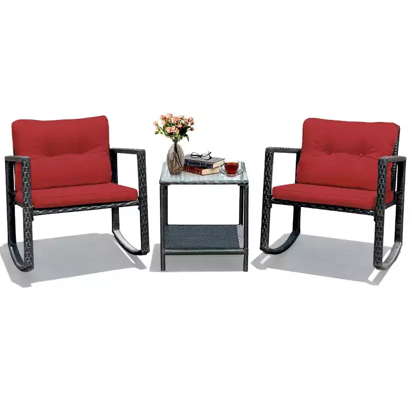 Set di mobili da giardino Costway 3 pezzi in rattan, poltrone a dondolo con cuscini