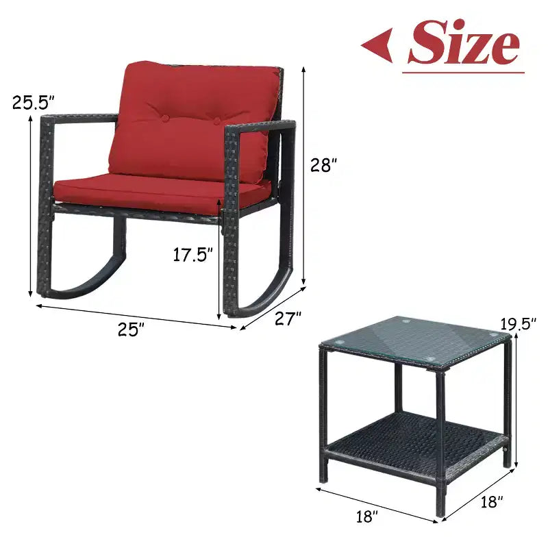 Set di mobili da giardino Costway 3 pezzi in rattan, poltrone a dondolo con cuscini
