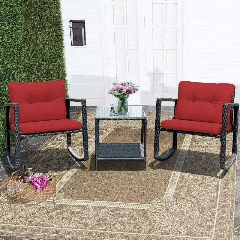 Set di mobili da giardino Costway 3 pezzi in rattan, poltrone a dondolo con cuscini