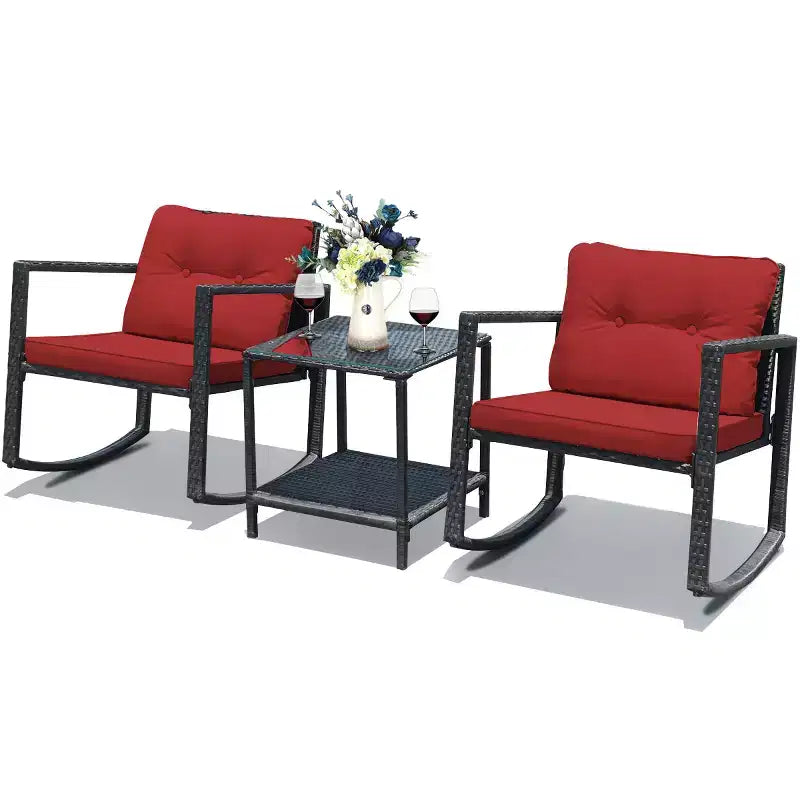 Set di mobili da giardino Costway 3 pezzi in rattan, poltrone a dondolo con cuscini
