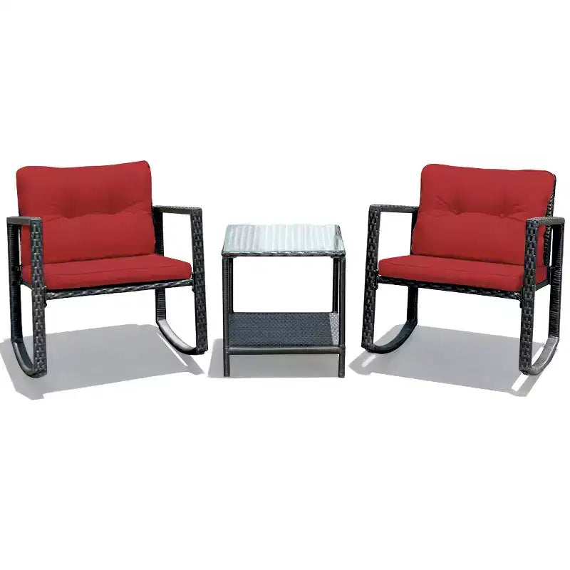 Set di mobili da giardino Costway 3 pezzi in rattan, poltrone a dondolo con cuscini